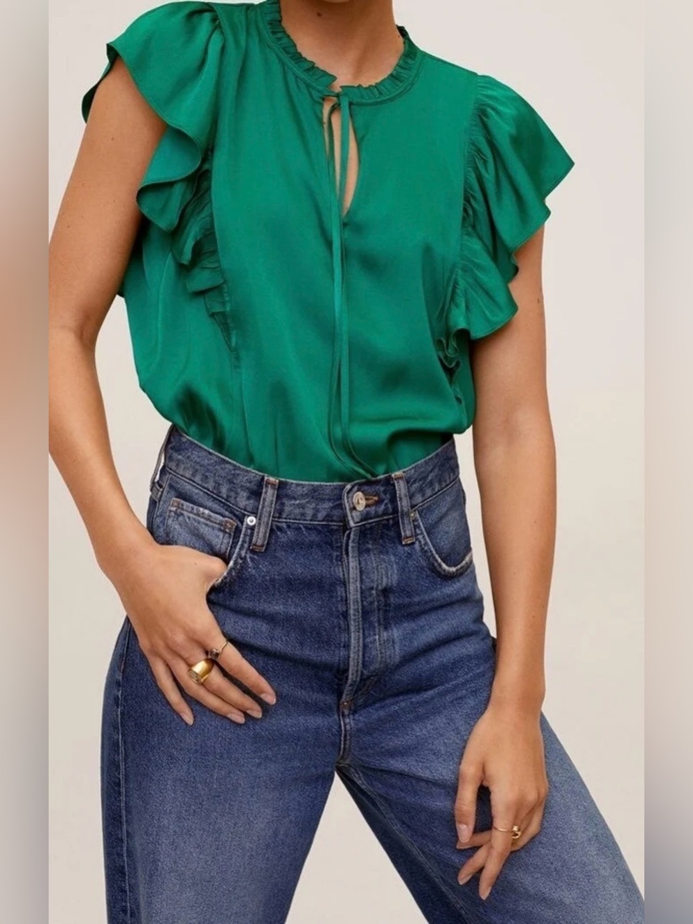 MANGO (MNG) Emerald Green Satin Ruffle Sleeve Tie-Neck Blouse